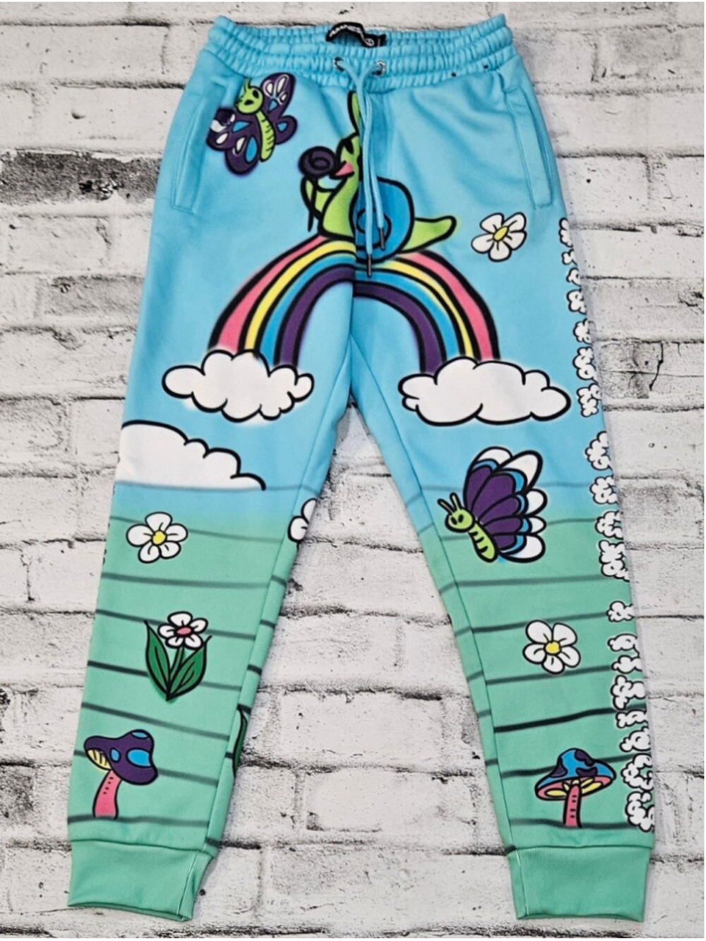 Amnesia Mens Graphic Jogger Sweatpants Rainbow Mushroom Blue Size S